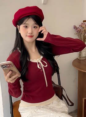 蝴蝶结系带假两件长袖上衣女秋冬韩系穿搭甜妹短款打底针织衫新款