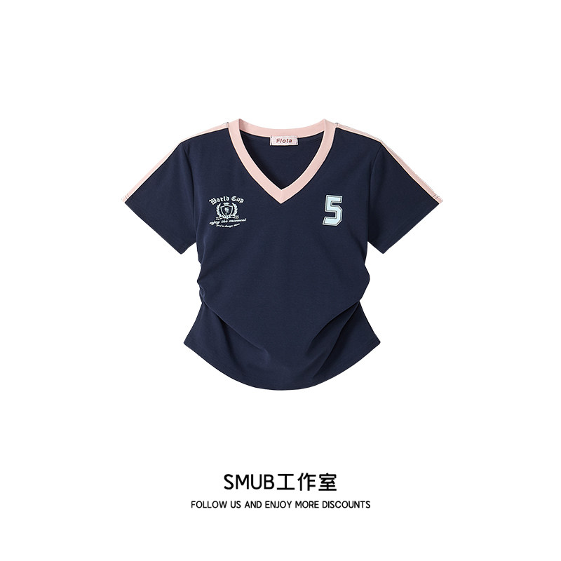 美式复古字母印花v领短袖t恤女夏季拼色条纹修身短款上衣2025新款