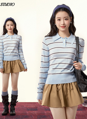 条纹polo领针织衫女学院风设计感修身内搭长袖打底衫短款毛衣上衣