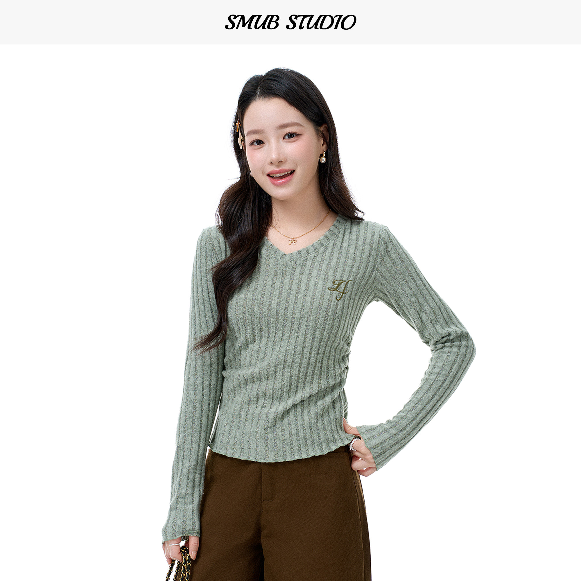 木耳边长袖V领针织衫女正肩上衣