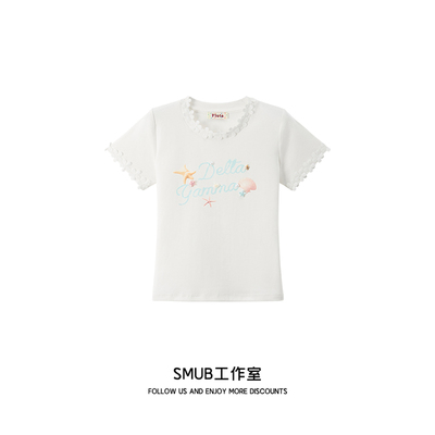 韩系设计感花朵拼接圆领T恤女夏