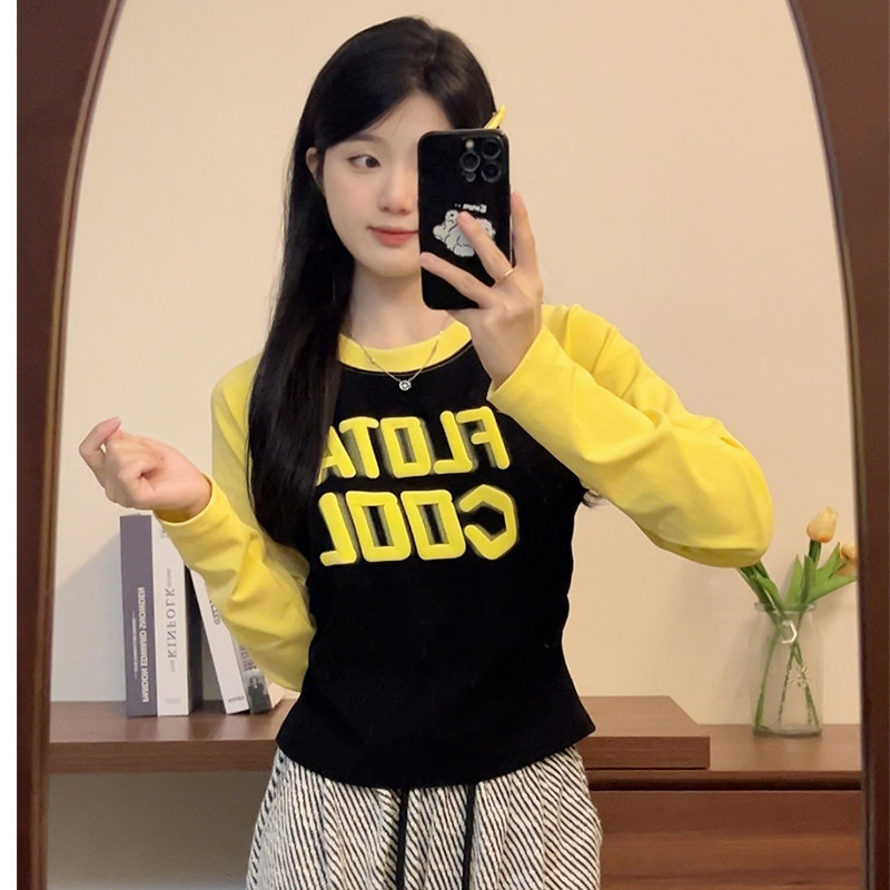 撞色插肩袖t恤女长袖秋季正肩