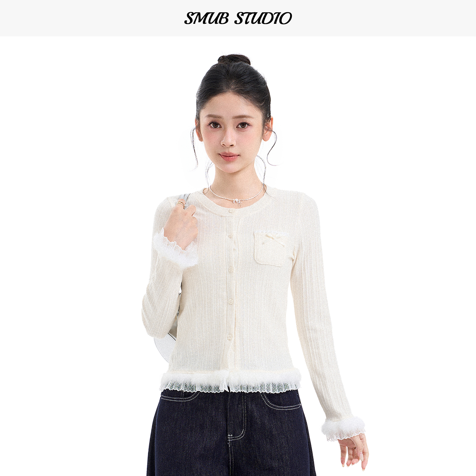 毛绒蕾丝花边针织开衫正肩打底衫