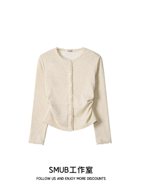 韩系纽扣蕾丝花边加绒长袖开衫小个子修身圆领上衣女2026冬季新款