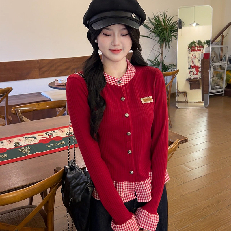 开春穿搭红色毛衣韩系格子拼接假两件针织衫女打底衫修身上衣新款