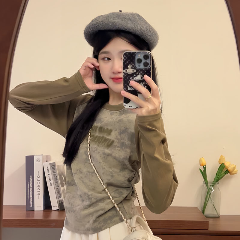 美式复古扎染插肩袖t恤上衣秋冬字母印花长袖打底衣女内搭高级感