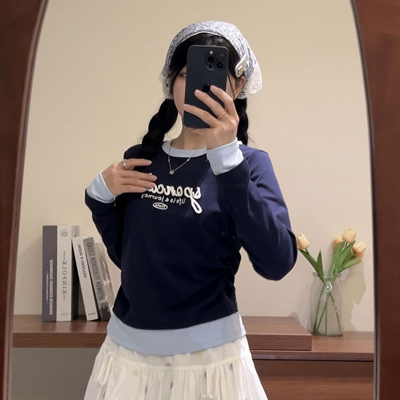 甜美植绒字母假两件圆领长袖t恤上衣修身打底衫女秋冬内搭可外穿