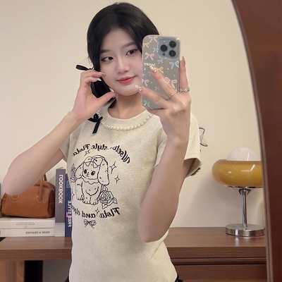 韩系卡通兔子印花正肩短袖t恤女2025夏季新款设计感修身短款上衣