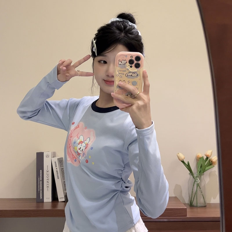 卡通爱心字母印花圆领长袖t恤甜妹风上衣打底衫女秋冬内搭可外穿