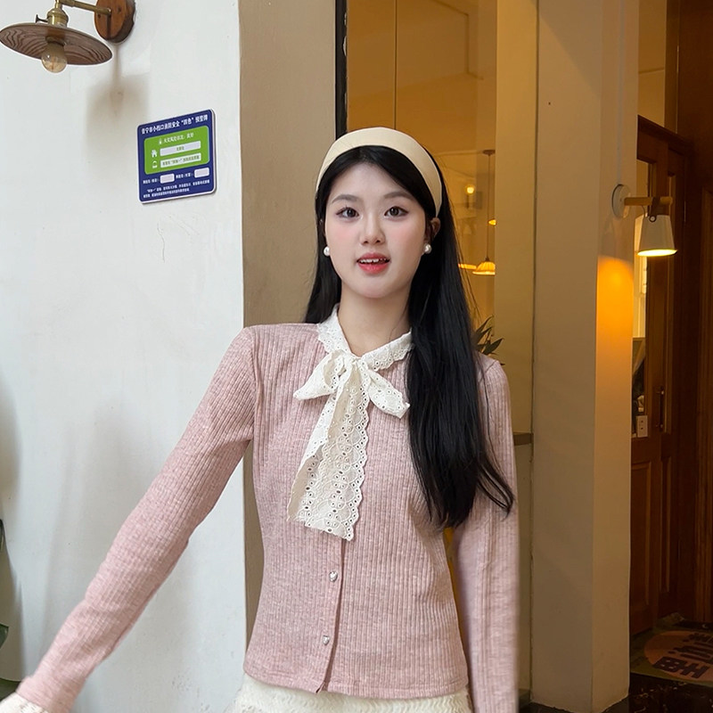 冬季蕾丝蝴蝶结绑带针织开衫甜妹风爱心纽扣长袖女修身上衣新款