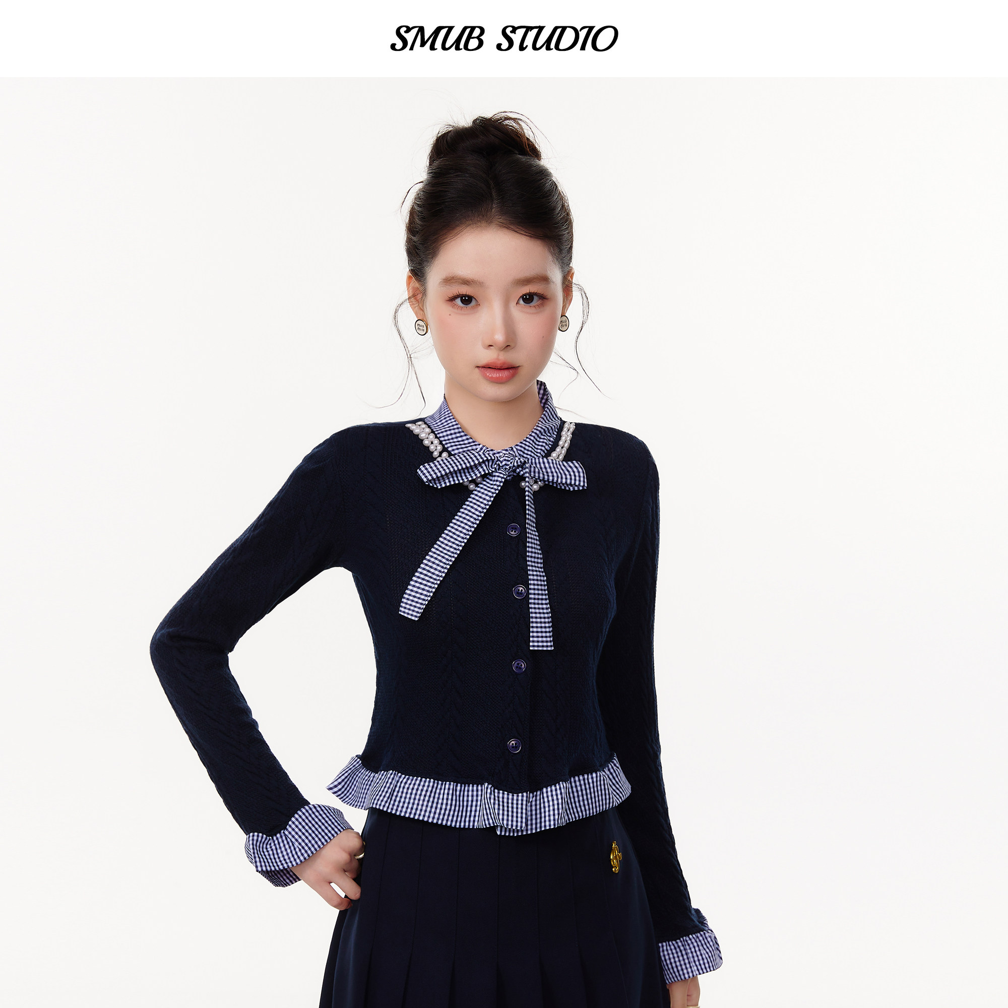 格子绑带设计感假两件女针织开衫