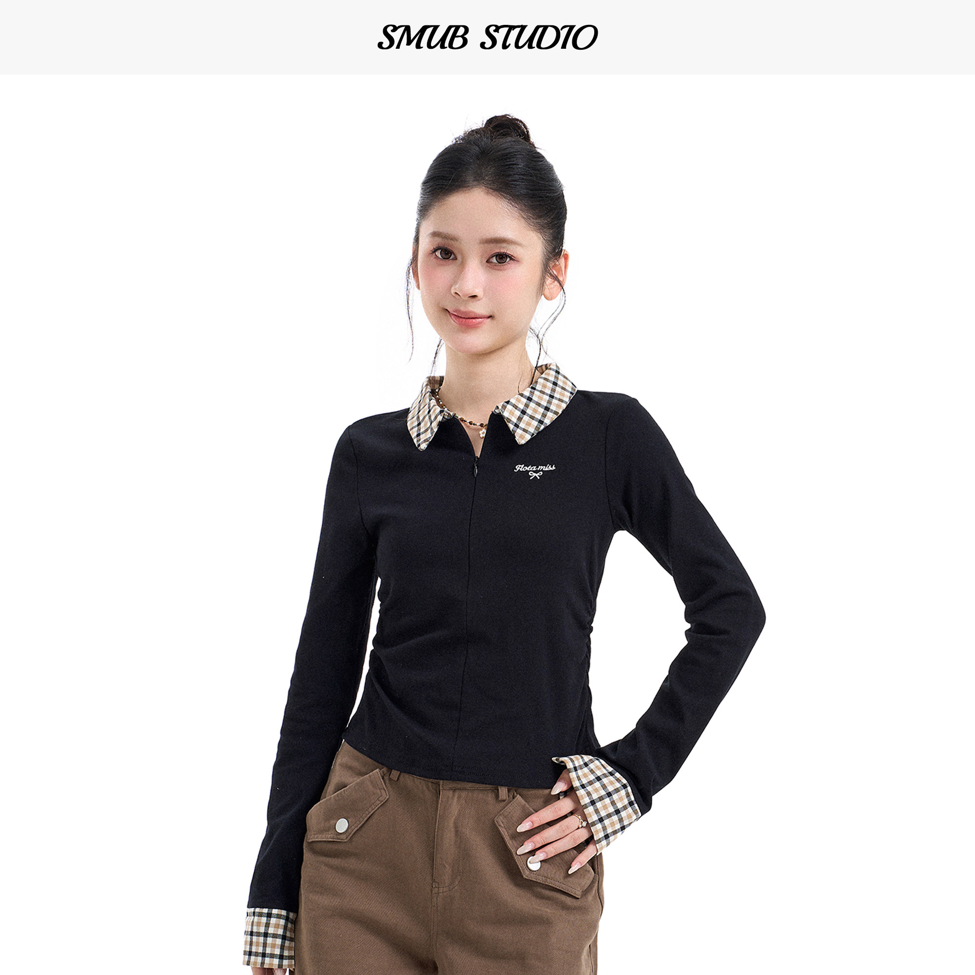 格子polo领假两件正肩长袖T恤女