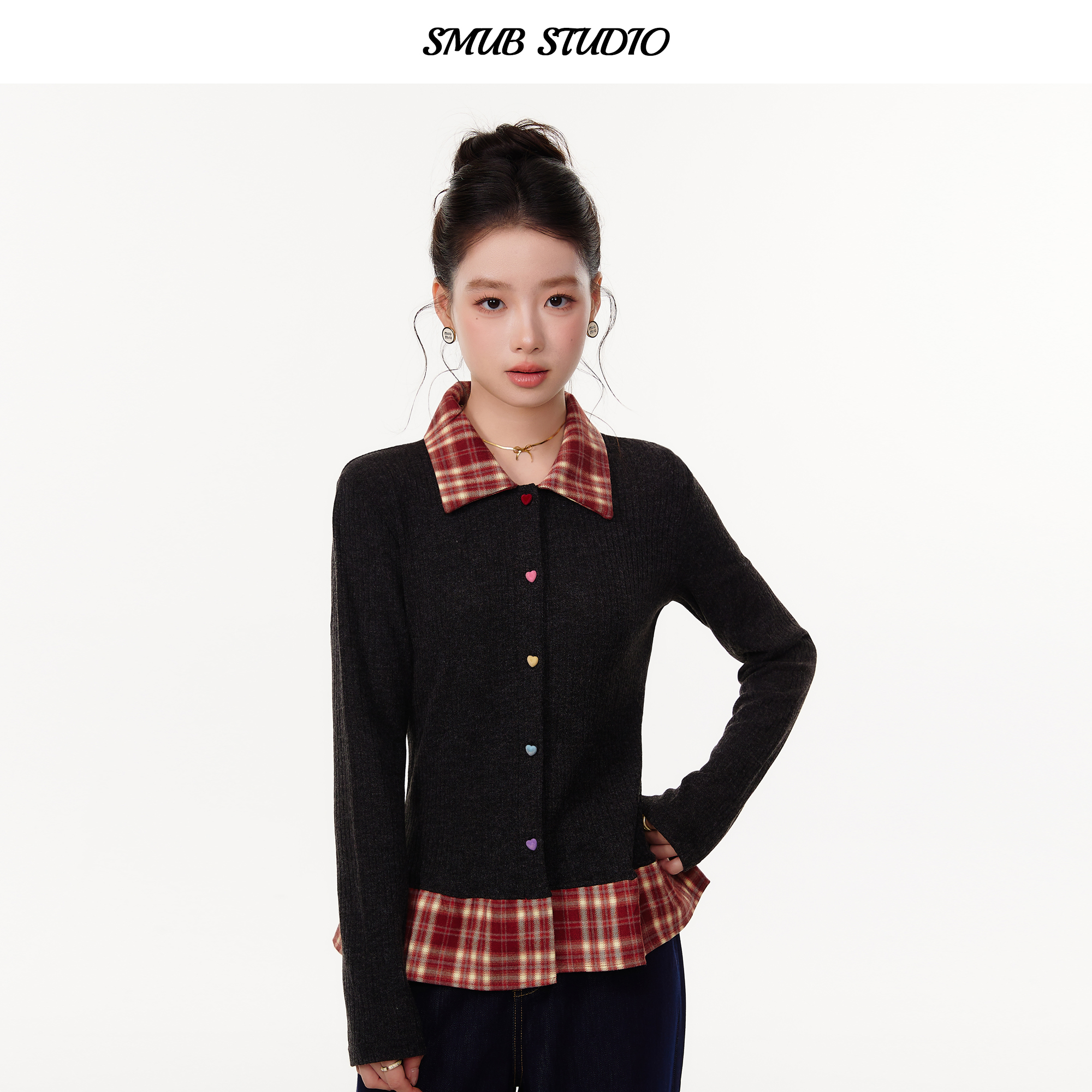 秋季新款格子翻领假两件针织开衫