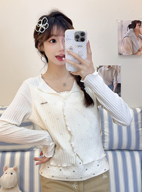 韩系波点假两件长袖t恤女2026秋季新款立体钢印字母针织衫短上衣