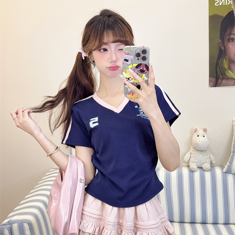 美式印花撞色V领短袖T恤女夏新款