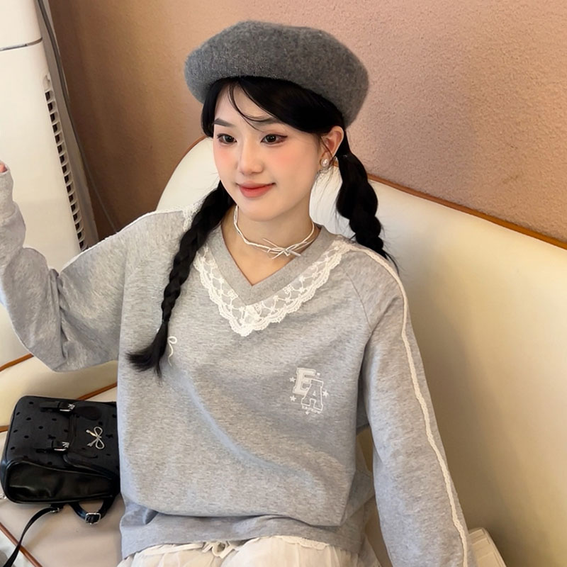 蝴蝶结印花插肩长袖上衣蕾丝花边拼接v领宽松灰色卫衣女秋冬新款
