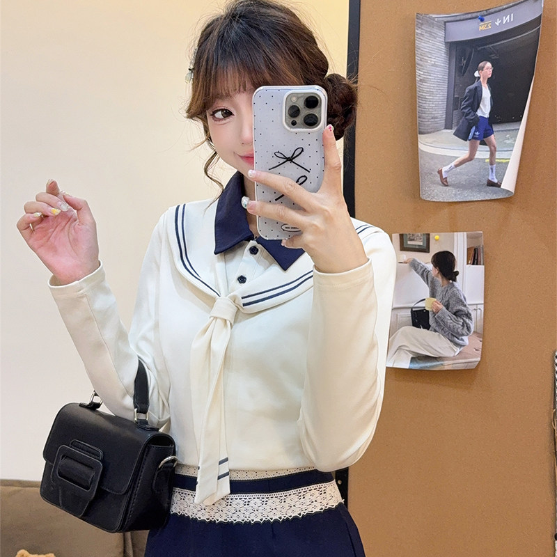 拼色海军POLO领正肩长袖T恤女2026秋季新款学院风修身打底衫上衣