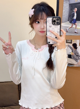 韩系格子拼接假两件正肩上衣女2026秋冬新款木耳边设计感长袖T恤