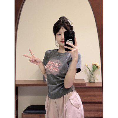 短袖女韩系粉色刺绣字母