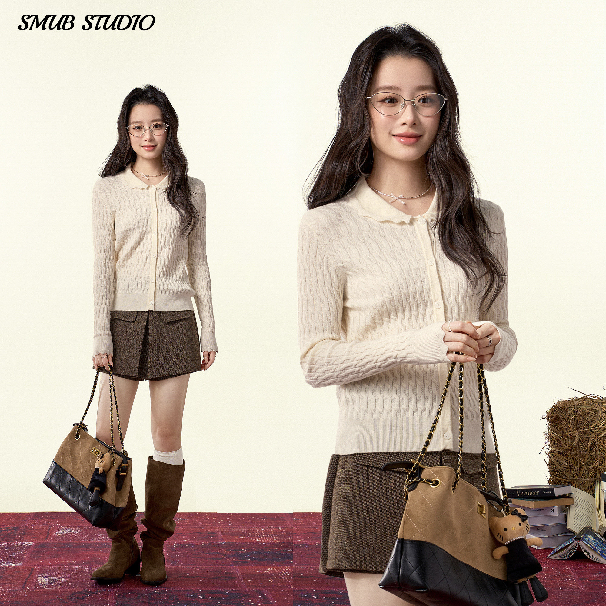 韩系新款木耳边娃娃领针织开衫女显瘦内搭毛衣长袖打底衫短款上衣