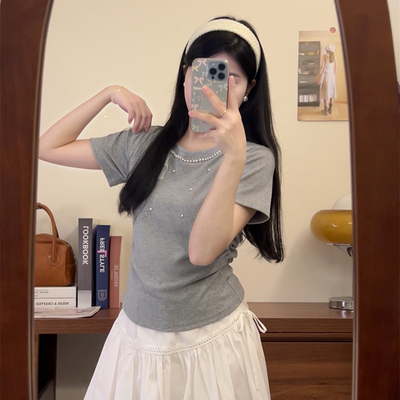 蕾丝蝴蝶结钉珠设计感短袖t恤女