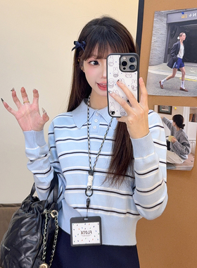2026冬季穿搭设计感撞色条纹针织衫女韩系新款翻领POLO衫长袖上衣