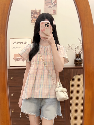 温柔法式格子T恤裙女减龄甜美褶皱半身群宽松夏季短袖新款仙女群