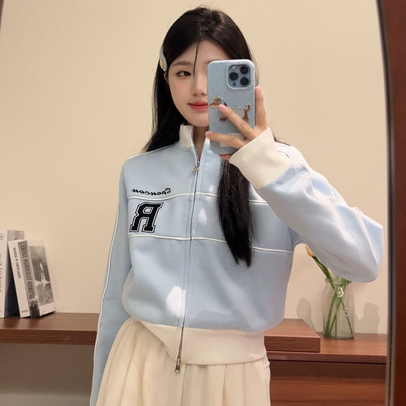 刺绣字母卫衣甜妹撞色短款长袖上衣小众设计感双拉链外套女早秋季