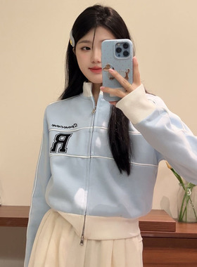 刺绣字母卫衣甜妹撞色短款长袖上衣小众设计感双拉链外套女秋冬季