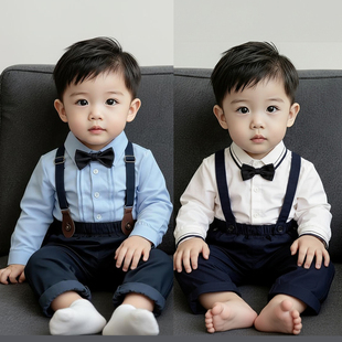 生日套装 帅气婴儿百天宴衣服绅士男童背带裤 一周岁礼服男宝小西装