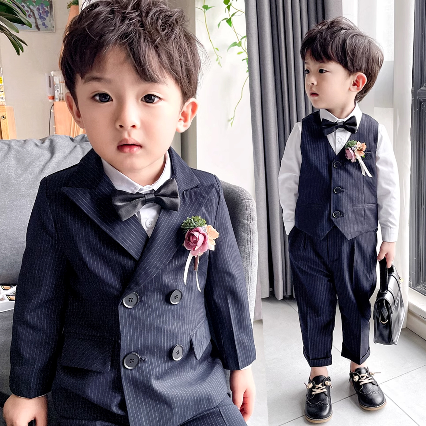 花童男童礼服套装英伦秋冬周岁男宝生日西装帅气儿童主持人演出服