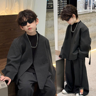 高级感男童西装套装秋季痞帅风宽松儿童休闲西服模特走秀韩版潮服