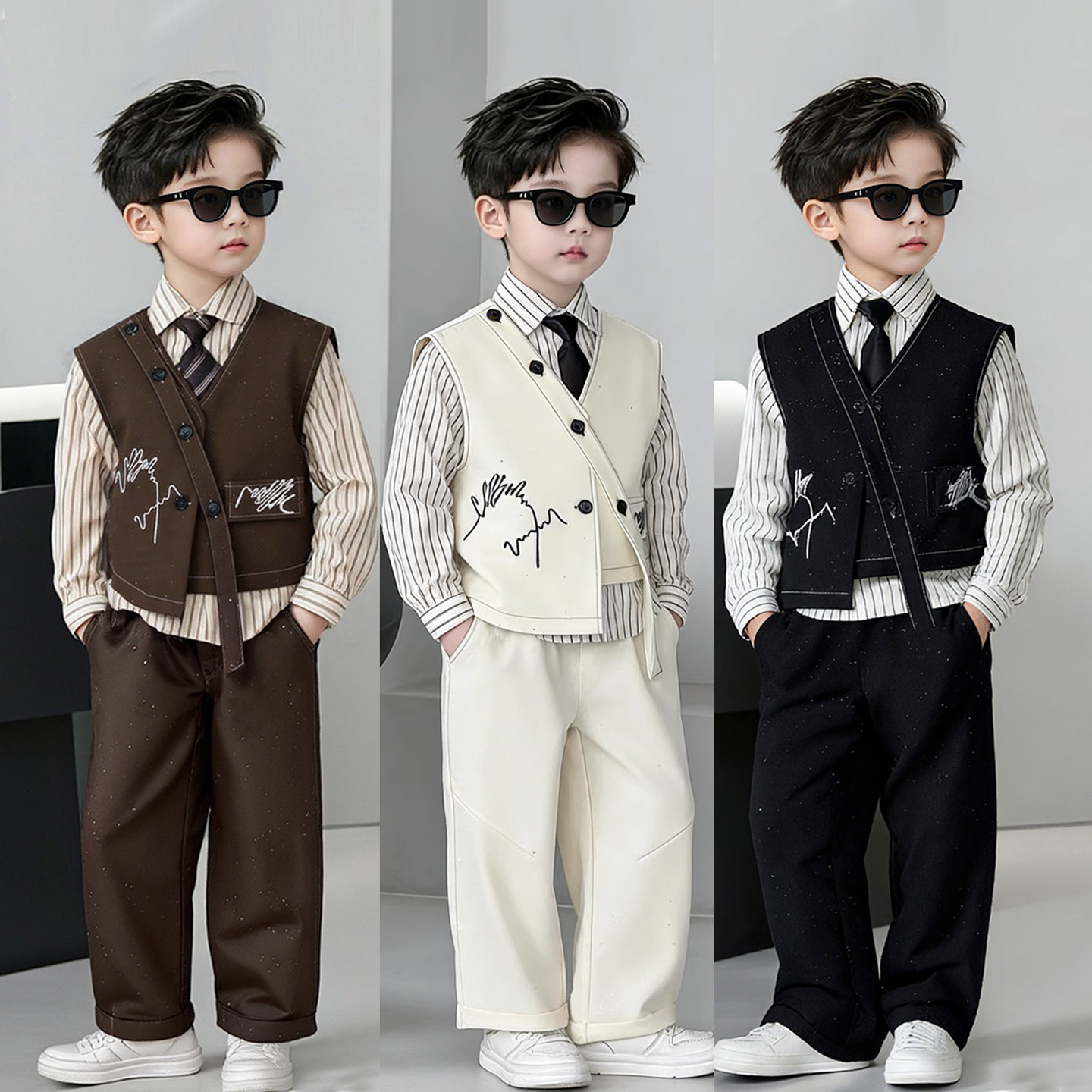 花童男童西装套装高级感帅气小男孩生日礼服闪亮儿童主持人演出服