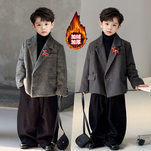 花童礼服男童西装套装潮帅气时髦冬季加绒儿童休闲西服闪亮演出服