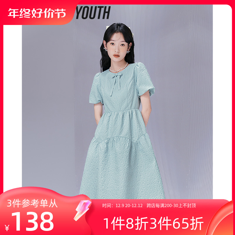 TOYOUTH初语连衣裙女2023夏季新款立体提花肌理泡泡袖野餐露营裙