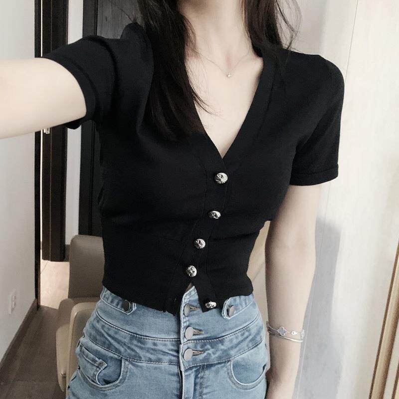 夏季薄款V领冰丝针织衫女短袖2024年新款高腰露脐短款时尚上衣女