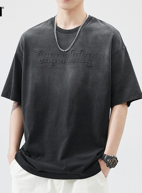 速发男生深灰色美式t0棉恤纯24新款圆领半袖体2衫男上衣
