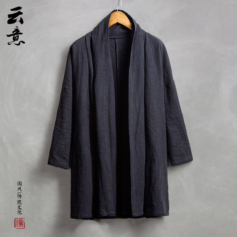 速发外套男装中国男亚麻风衣风中式汉服中长款披风复古风棉麻开衫
