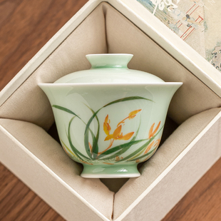 速发极具碧青手绘兰花陶才盖碗单个小号茶碗带盖高颜值二瓷茶素泡