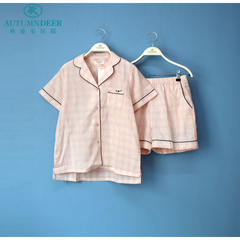 秋鹿夏季女士睡衣短袖短裤翻领纯棉梭织超透气甜美显瘦韩版家居服