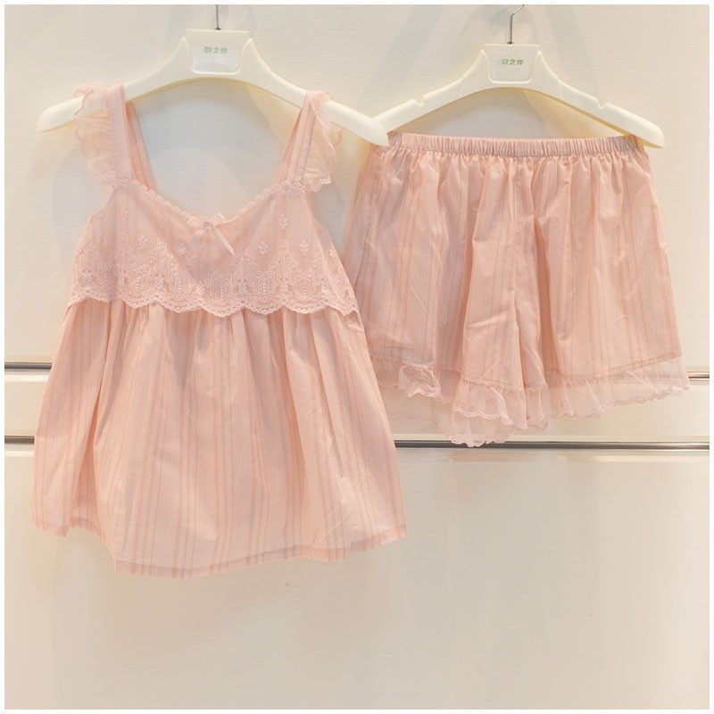 安之伴睡衣2023新品女士夏季梭织纯棉甜美可爱吊带短裤清凉家居服