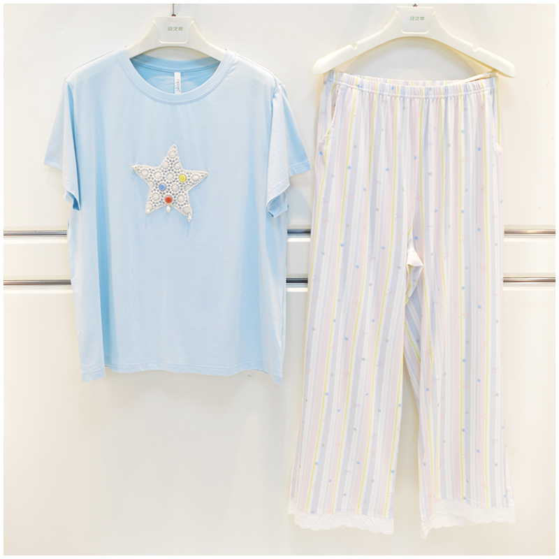 安之伴妮可雅睡衣夏季新款女士舒芙棉舒适淑女可爱短袖长裤家居服