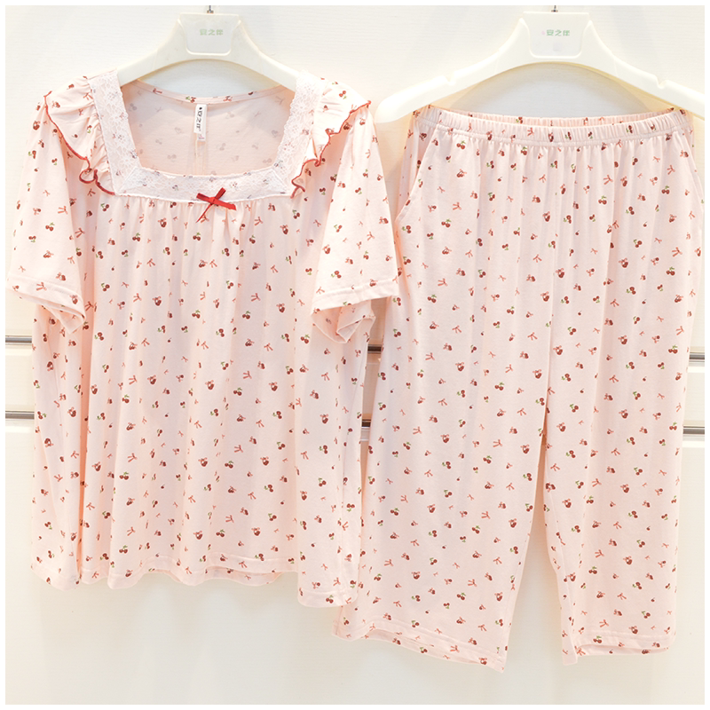 安之伴睡衣夏季女士针织纯棉甜美可爱樱桃淑女公主风短袖薄家居服