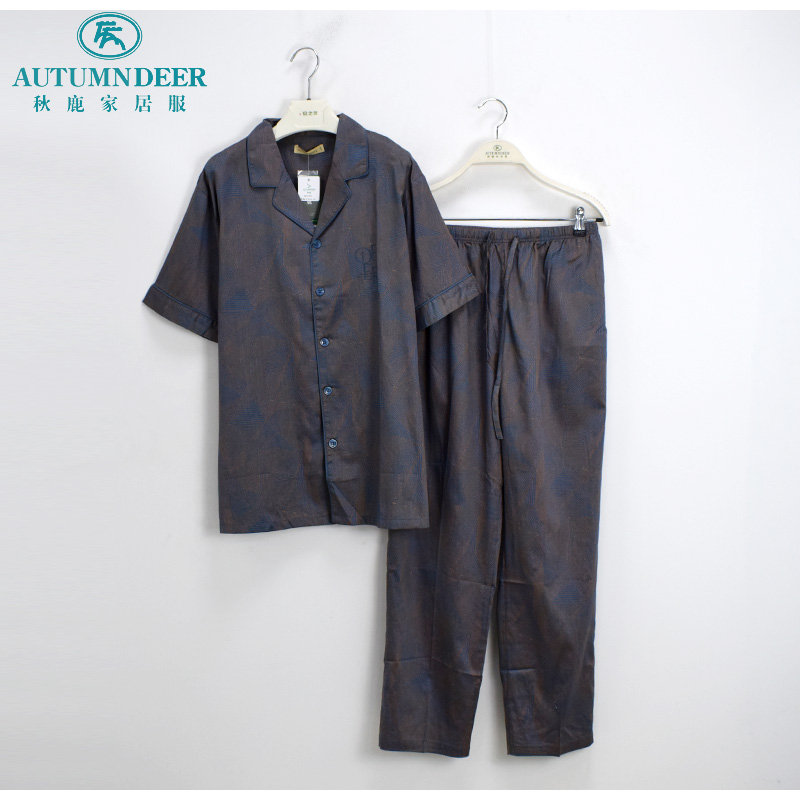 秋鹿睡衣夏季新品男士梭织贡缎印花纯棉薄短袖长裤宽松成熟家居服