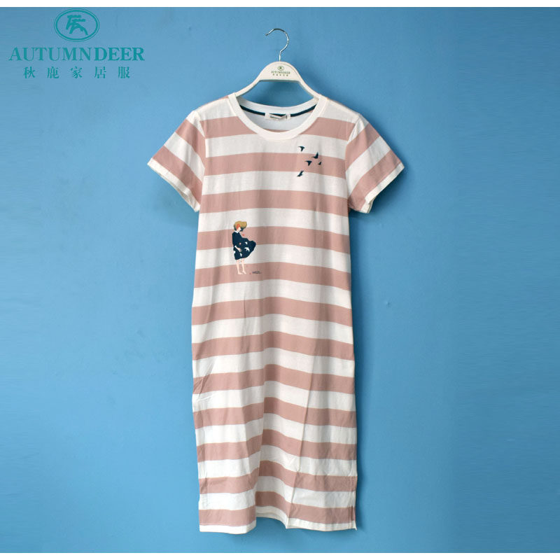 秋鹿夏季睡裙女圆领套头条纹休闲纯棉显瘦弹力针织舒适少女家居服