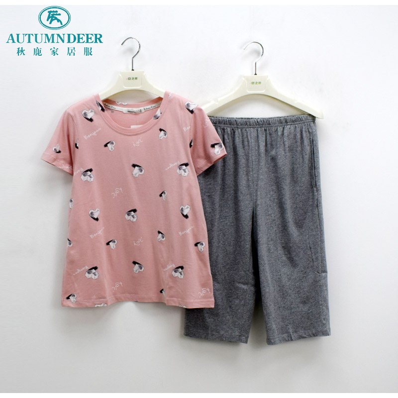 秋鹿睡衣专柜正品2022夏季女士针织纯棉短袖七分裤卡通可爱家居服