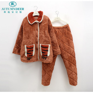 秋鹿简诗睡衣冬季女士长毛绒素色加厚保暖夹棉时尚可爱棉袄家居服