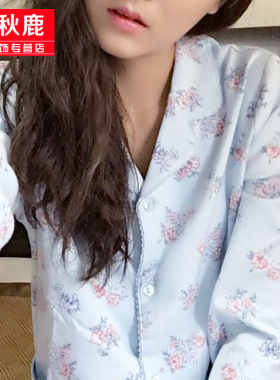 秋鹿家居服专柜正品秋冬新款针织纯棉印花长袖长裤女大码睡衣套装