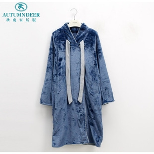 秋鹿简诗睡衣专柜新款秋冬女士素色休闲长袖家居服珊瑚绒保暖睡袍