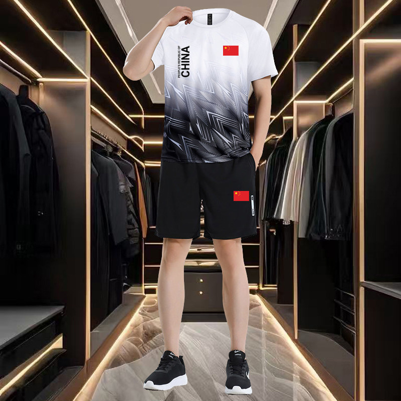 中国队新款跑步服速干套装男夏季吸汗透气运动休闲服健身训练服